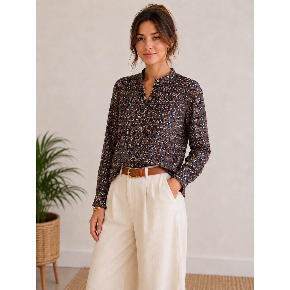 Isabel Marant Étoile Shirt 38 Blue Brown Geometric Print Cotton Button Down